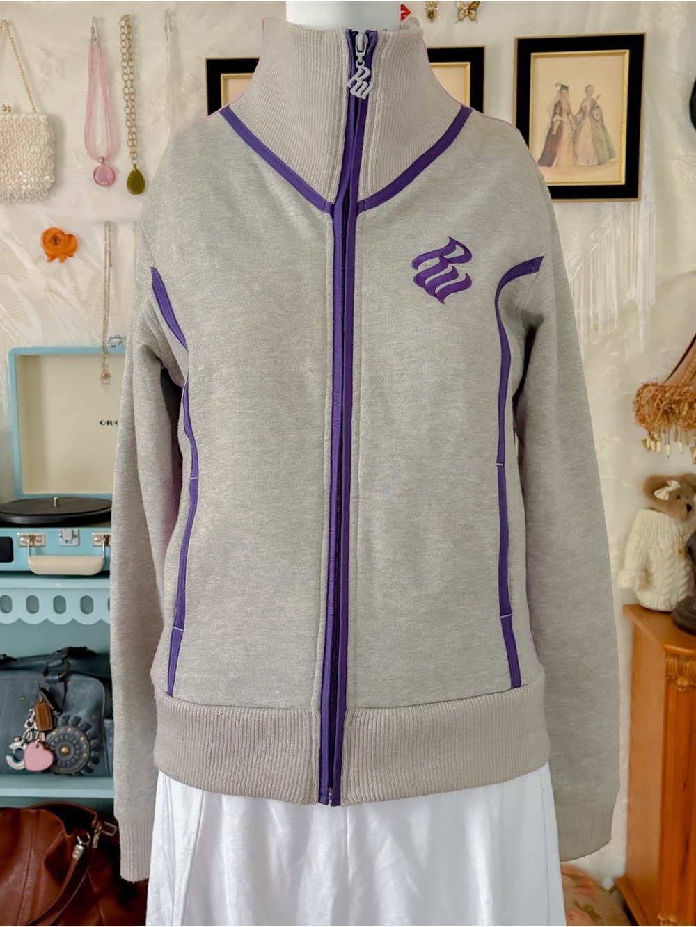 Vintage Y2K sporty casual hip hop girly grey purple zip up jacket - Picture 2 of 6